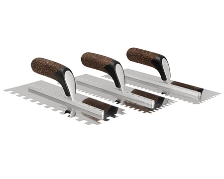 A group of 3 trowels with various sized notches
